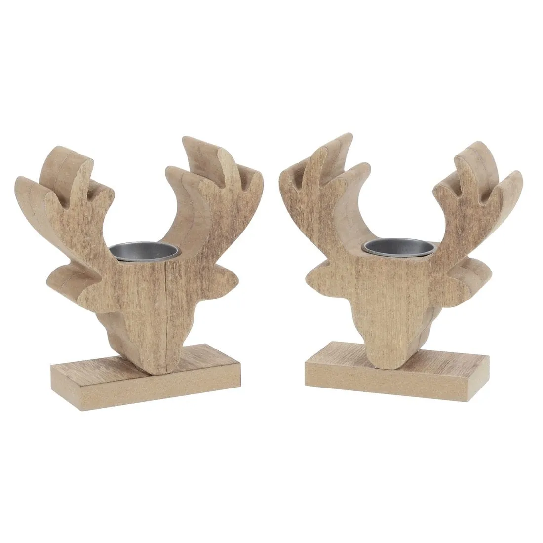 Pair of Wooden Stags Head Tealight Christmas Candle Holders