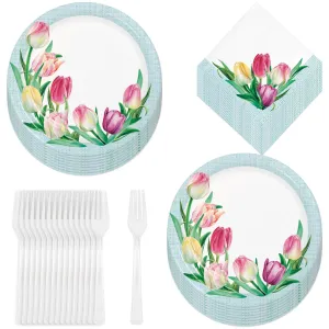 Pastel Tulip Party Supplies - Pretty Floral Paper Dessert Plates, Beverage Napkins, and Forks (Serves 16)