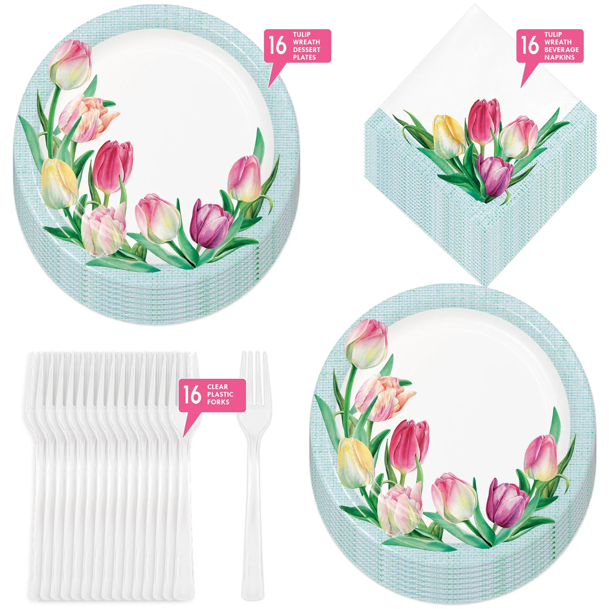 Pastel Tulip Party Supplies - Pretty Floral Paper Dessert Plates, Beverage Napkins, and Forks (Serves 16)