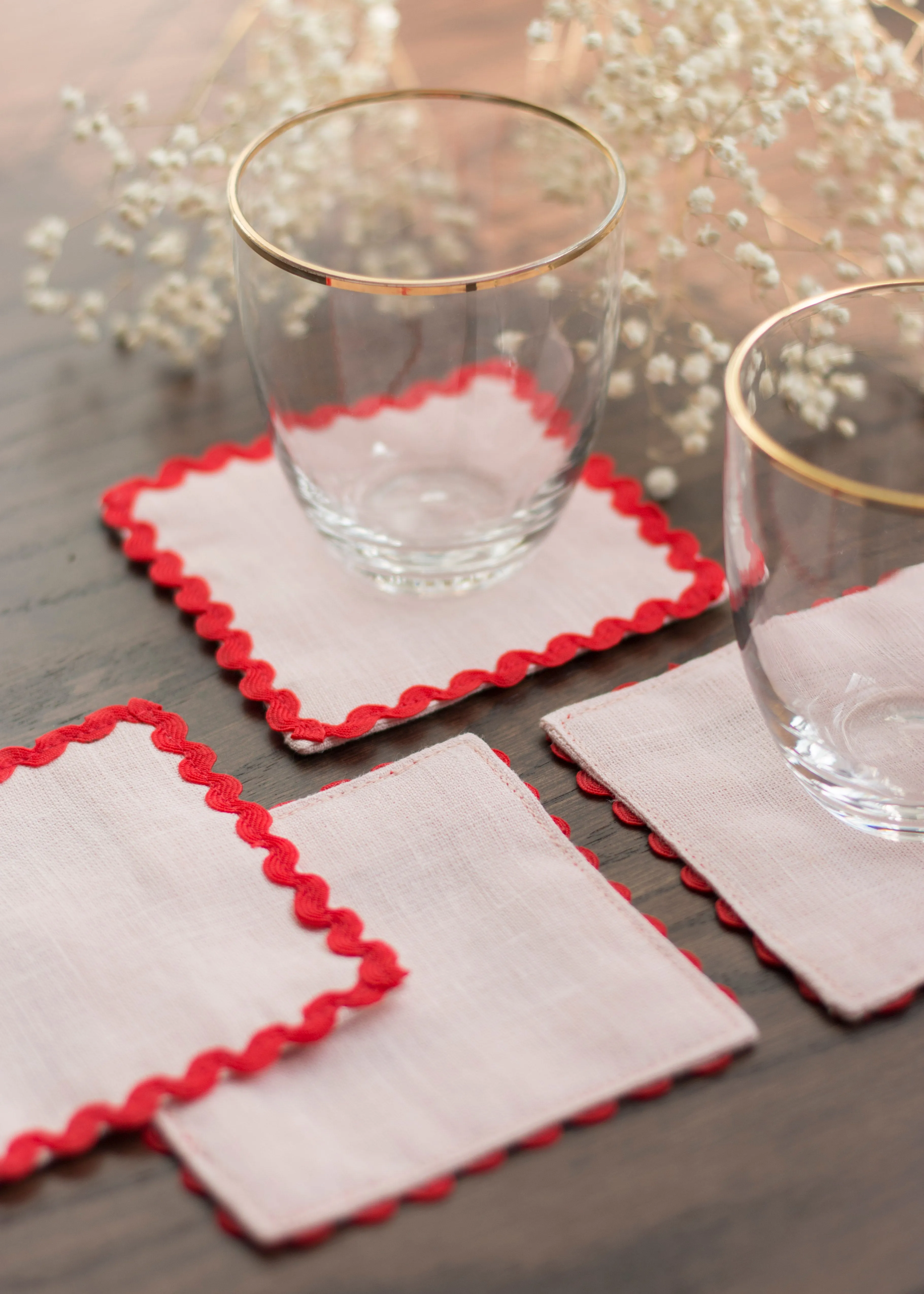 Pink Linen Coasters With Red Rick Rack Trim