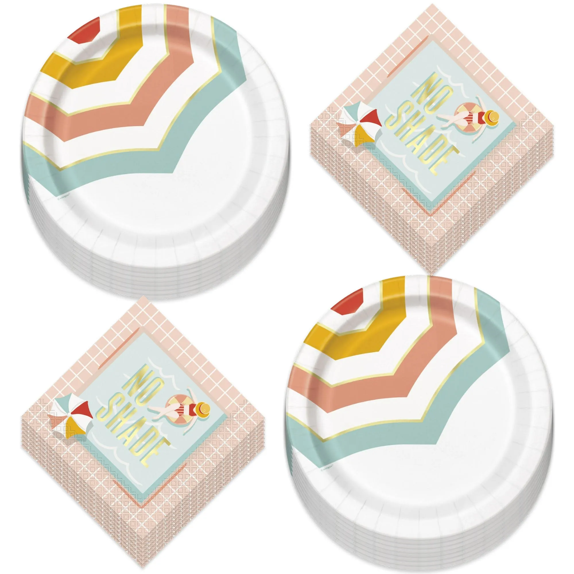 Poolside Summer Umbrella Gold Boutique Round Paper Dinner Plates & Pink Lunch Napkins