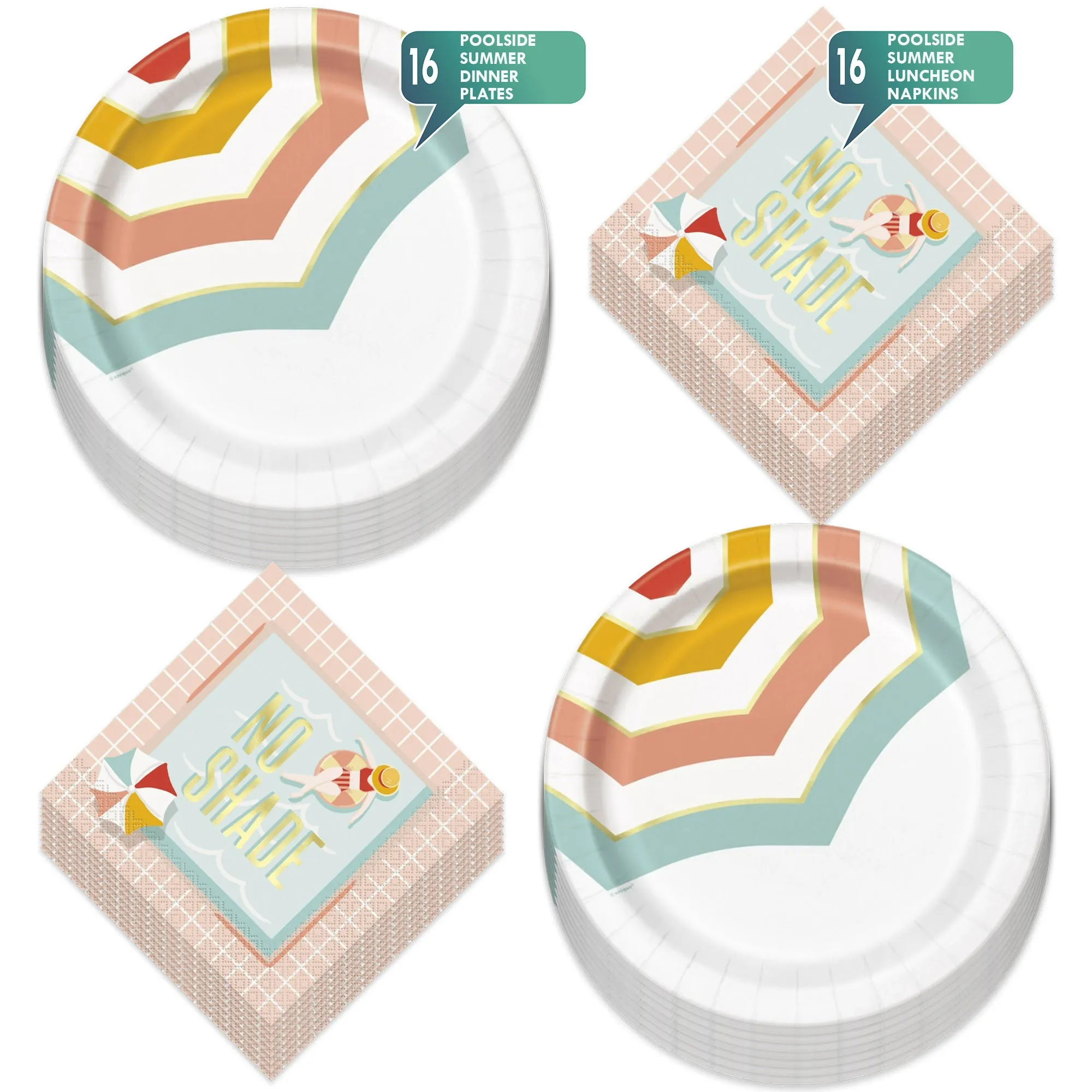 Poolside Summer Umbrella Gold Boutique Round Paper Dinner Plates & Pink Lunch Napkins