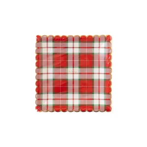 Red Plaid Plates, Set of 8 Christmas Square Plaid Plates by My Mind's Eye, Scallop Edging and Gold Foil Details