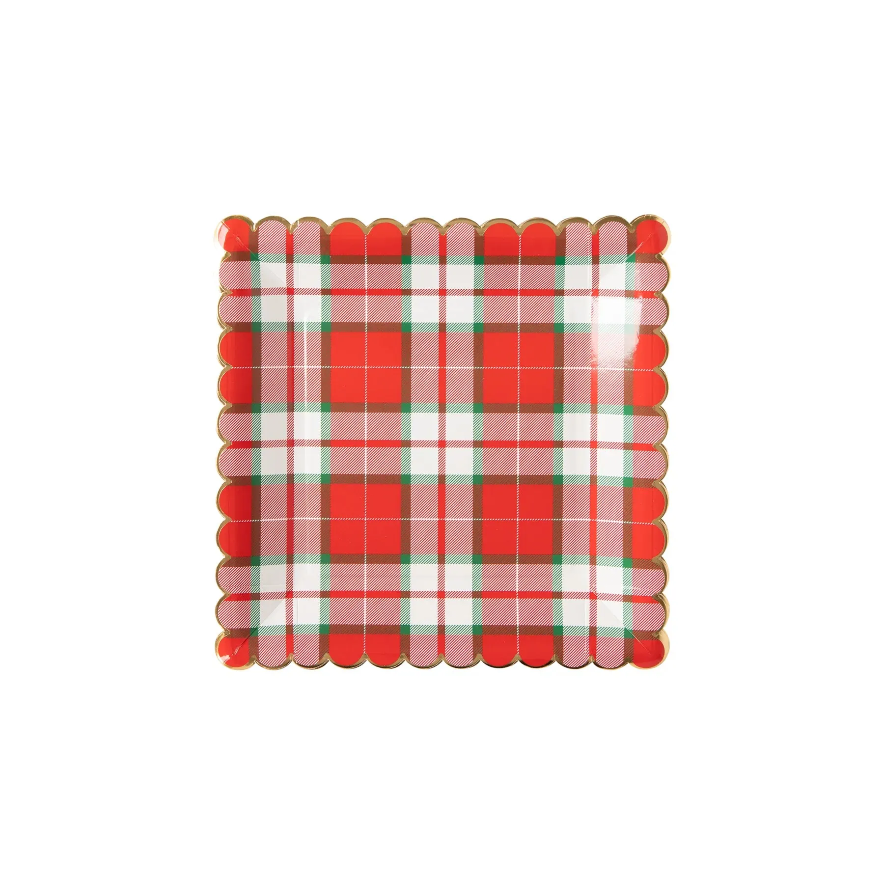 Red Plaid Plates, Set of 8 Christmas Square Plaid Plates by My Mind's Eye, Scallop Edging and Gold Foil Details