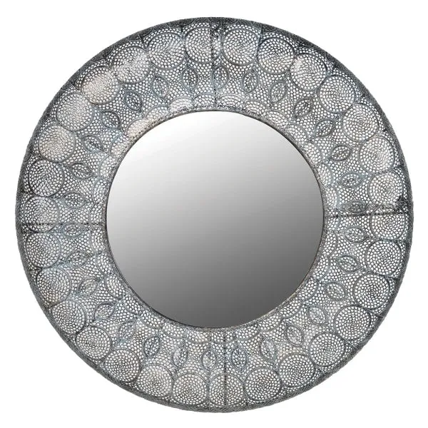 Round Metal Filigree Framed Mirror with Silver Design