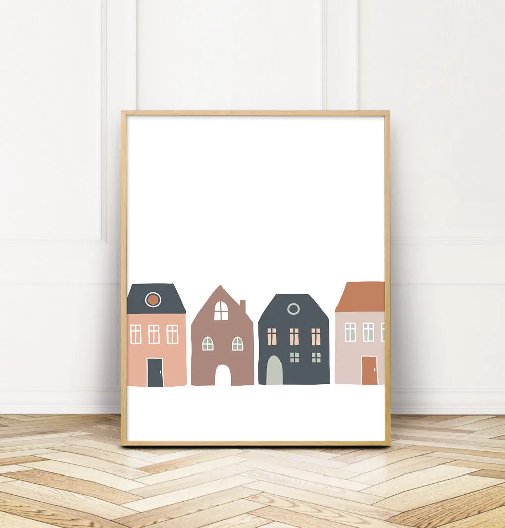 Row of houses Nursery Wall Print - Modern Scandinavian Design Kids Room