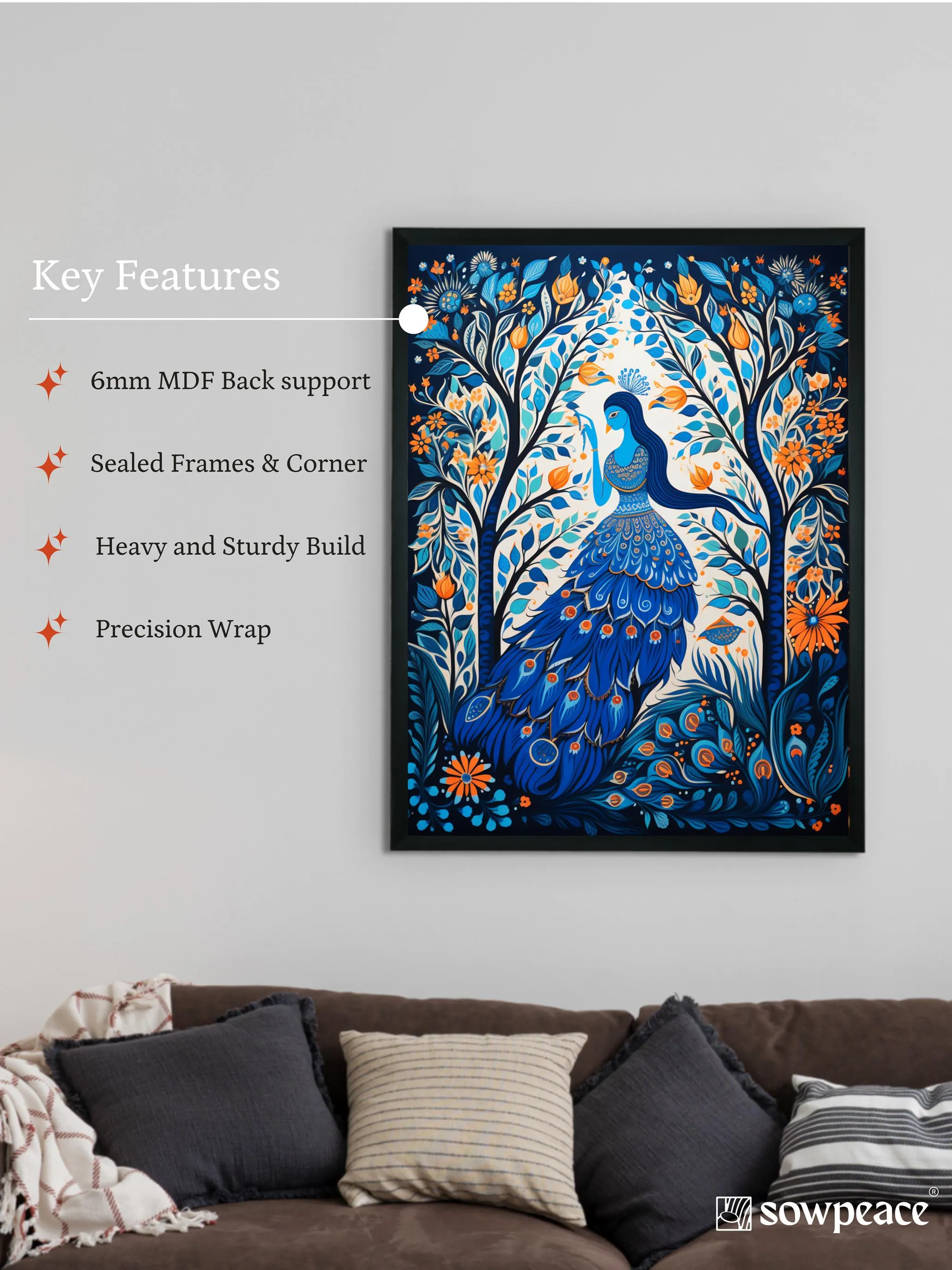 Sowpeace Harmony: Handcrafted Blue Women & Peacock Art – Premium Indian-Inspired Canvas Print for Elegant Decor