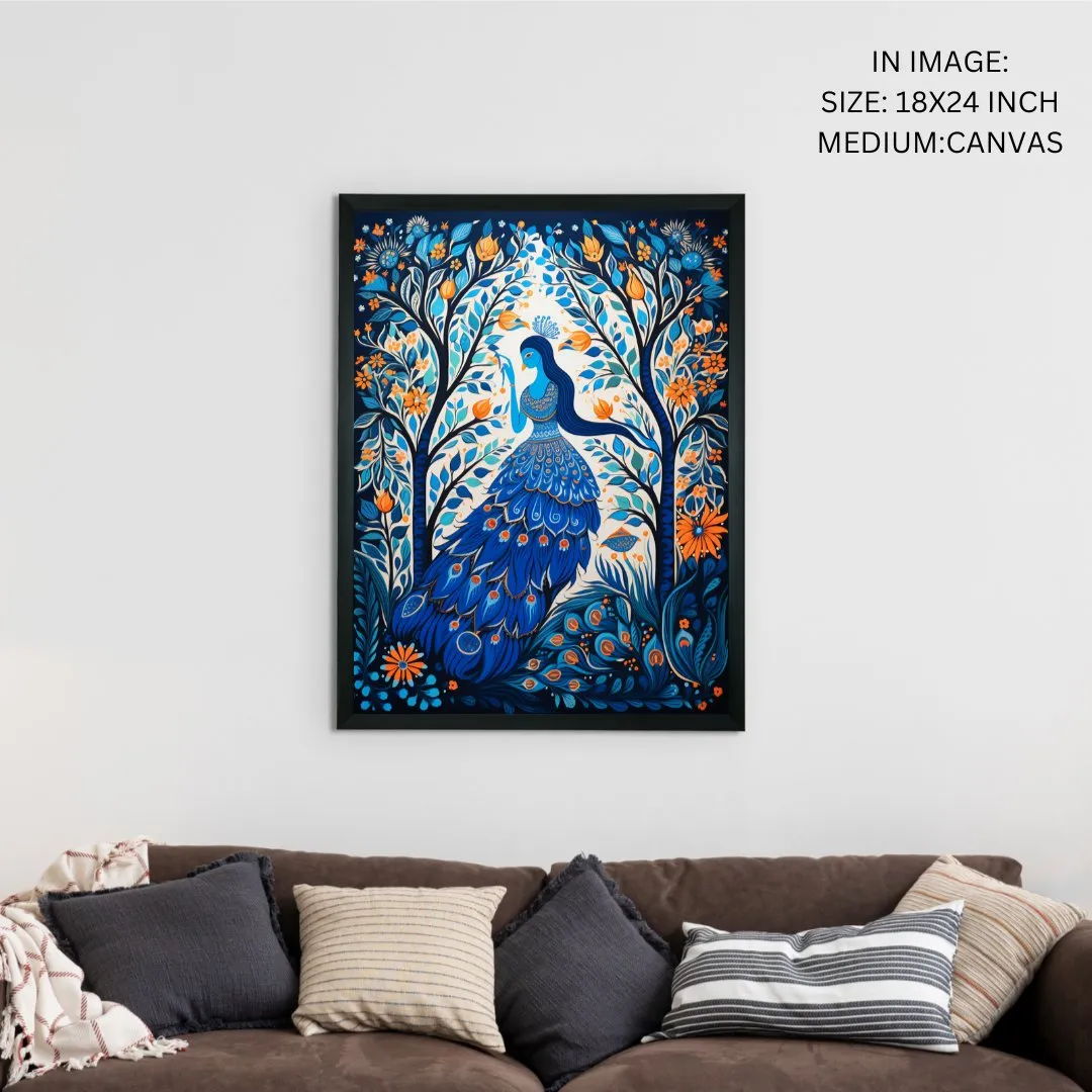 Sowpeace Harmony: Handcrafted Blue Women & Peacock Art – Premium Indian-Inspired Canvas Print for Elegant Decor