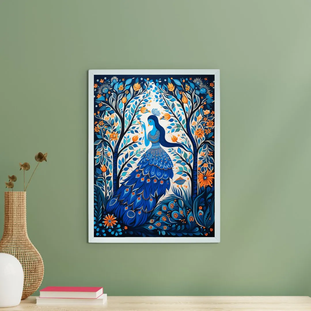 Sowpeace Harmony: Handcrafted Blue Women & Peacock Art – Premium Indian-Inspired Canvas Print for Elegant Decor