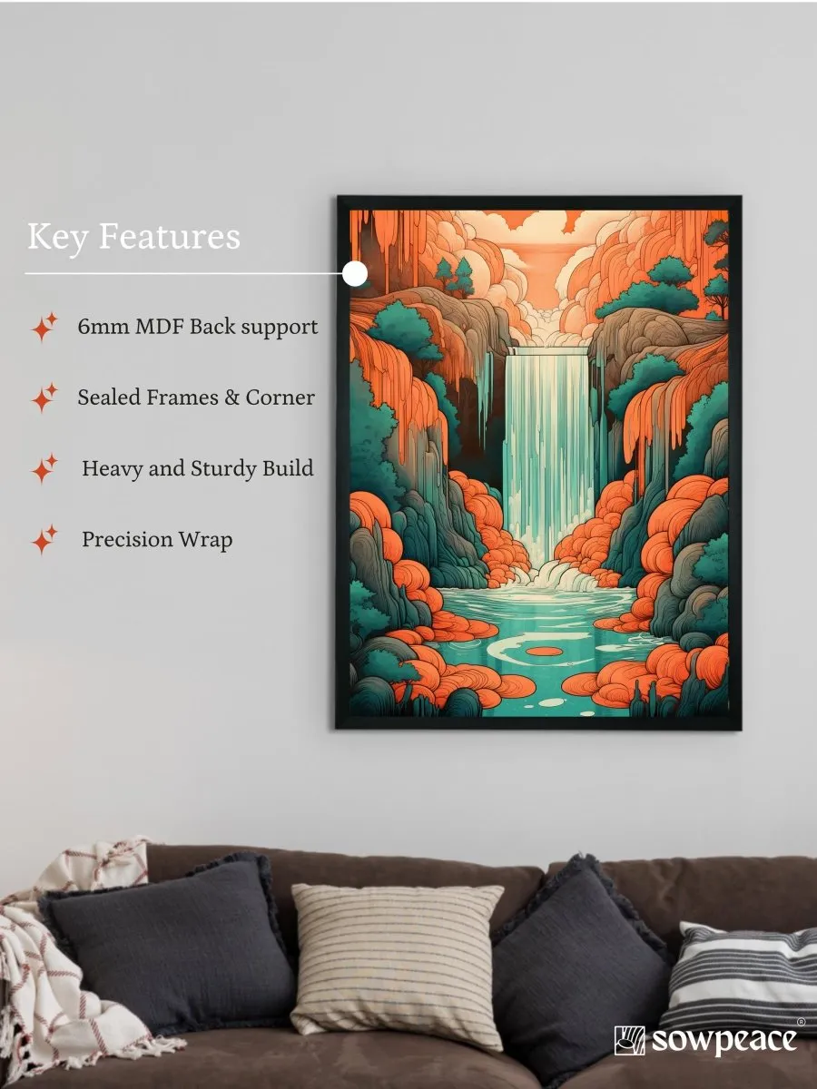 Sowpeace's Handcrafted Boho Day-Night Waterfall Line Art – Premium Set of 2, Indian-Inspired Canvas Prints