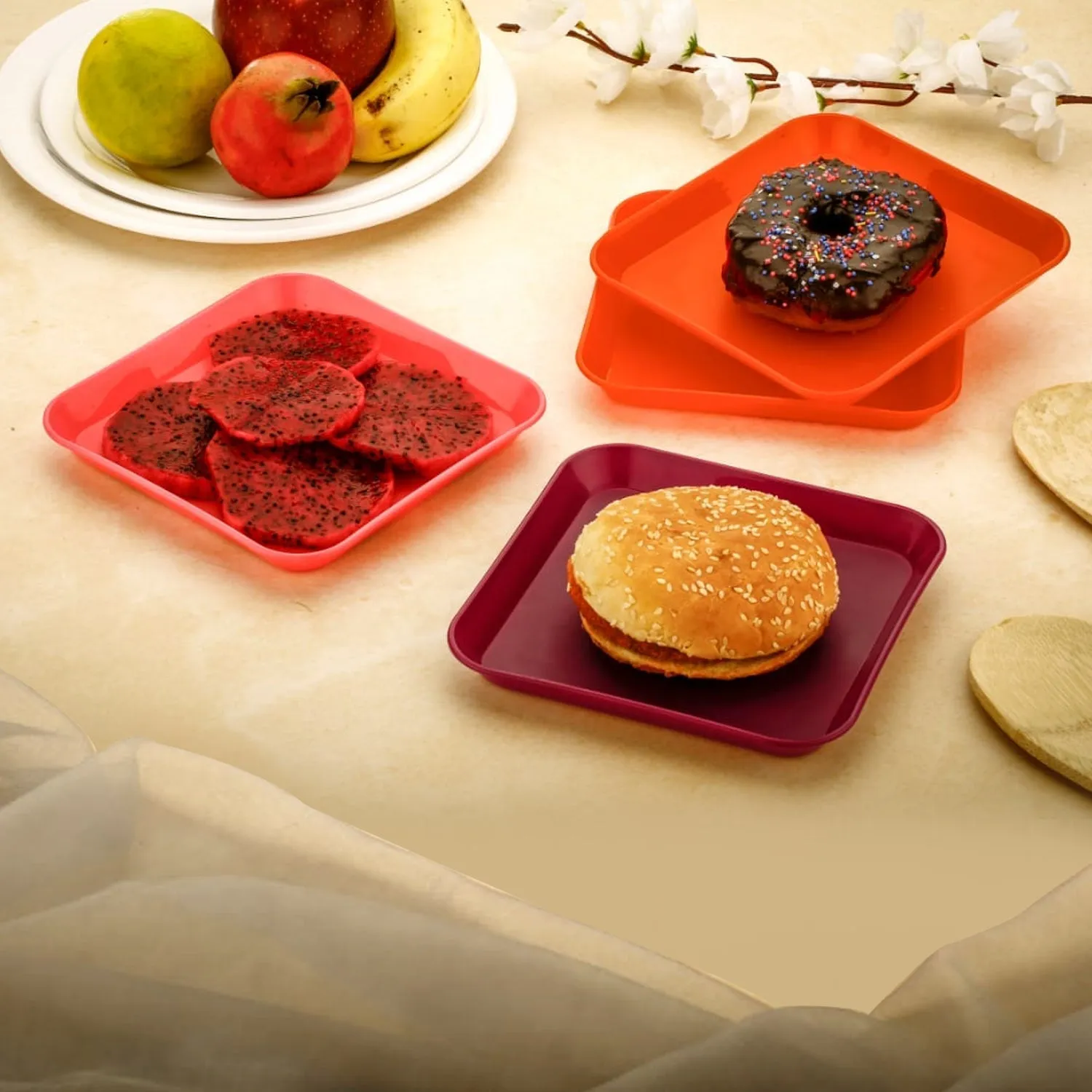 Square Plastic Dinner Plate Set (Set of 6 Pcs) Colorful Snacks  /  Breakfast Plate