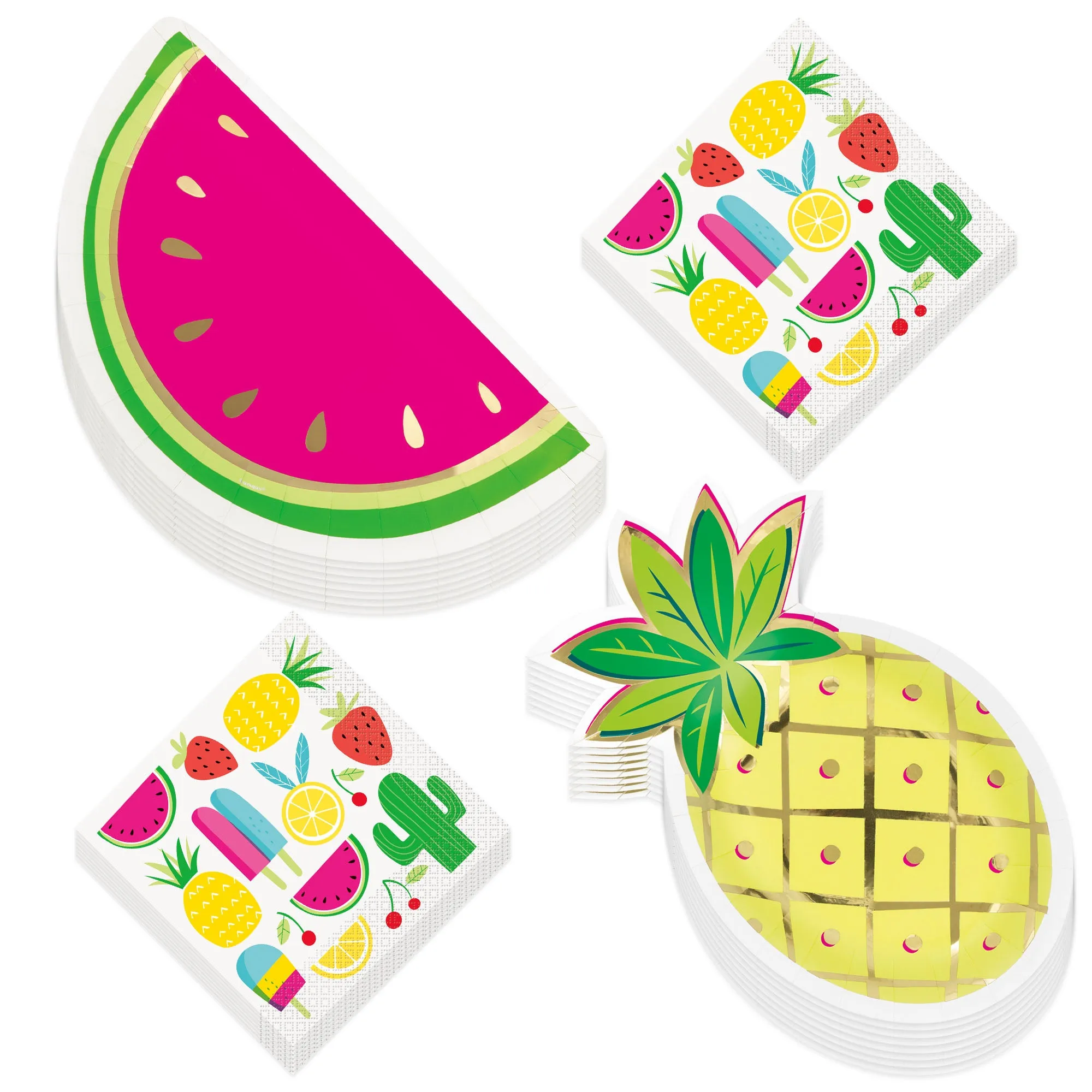 Sweet Summer Watermelon Party Melon Slice Paper Dessert Plates, Pineapple Shaped Paper Dessert Plates, and Lunch Napkins (16 Total Plates & Napkins)