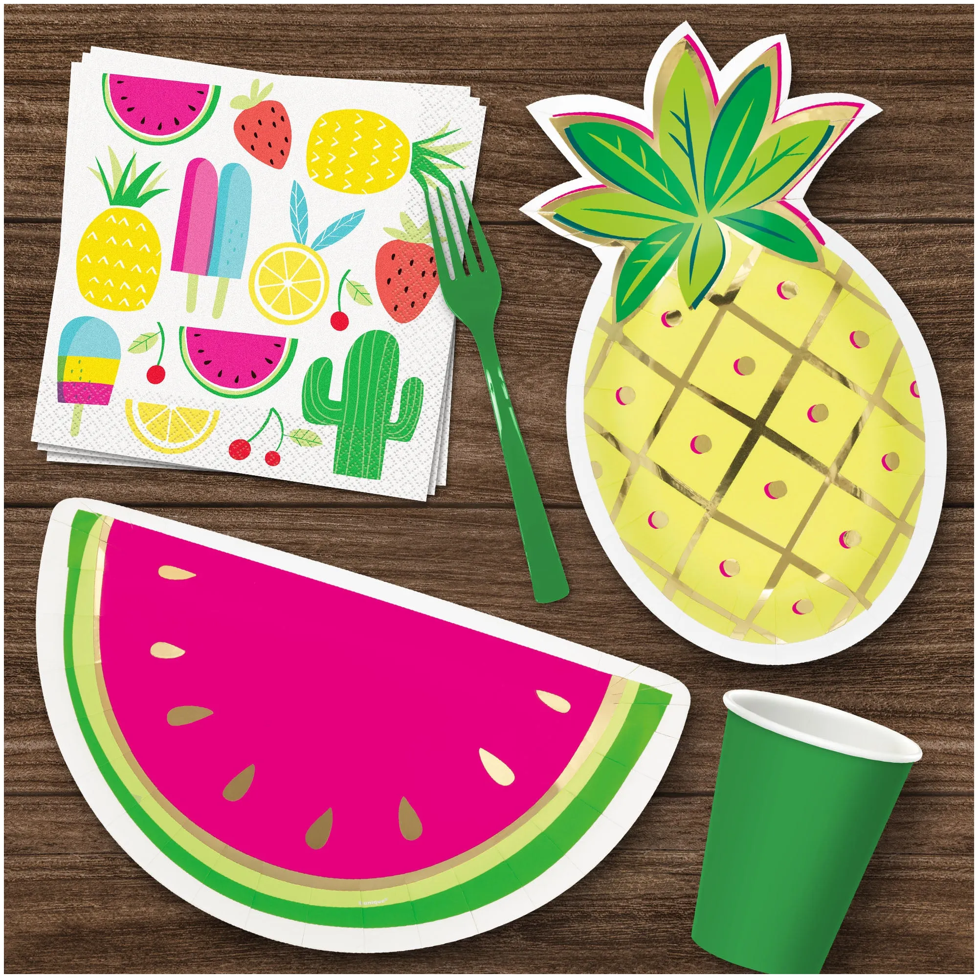 Sweet Summer Watermelon Party Melon Slice Paper Dessert Plates, Pineapple Shaped Paper Dessert Plates, and Lunch Napkins (16 Total Plates & Napkins)