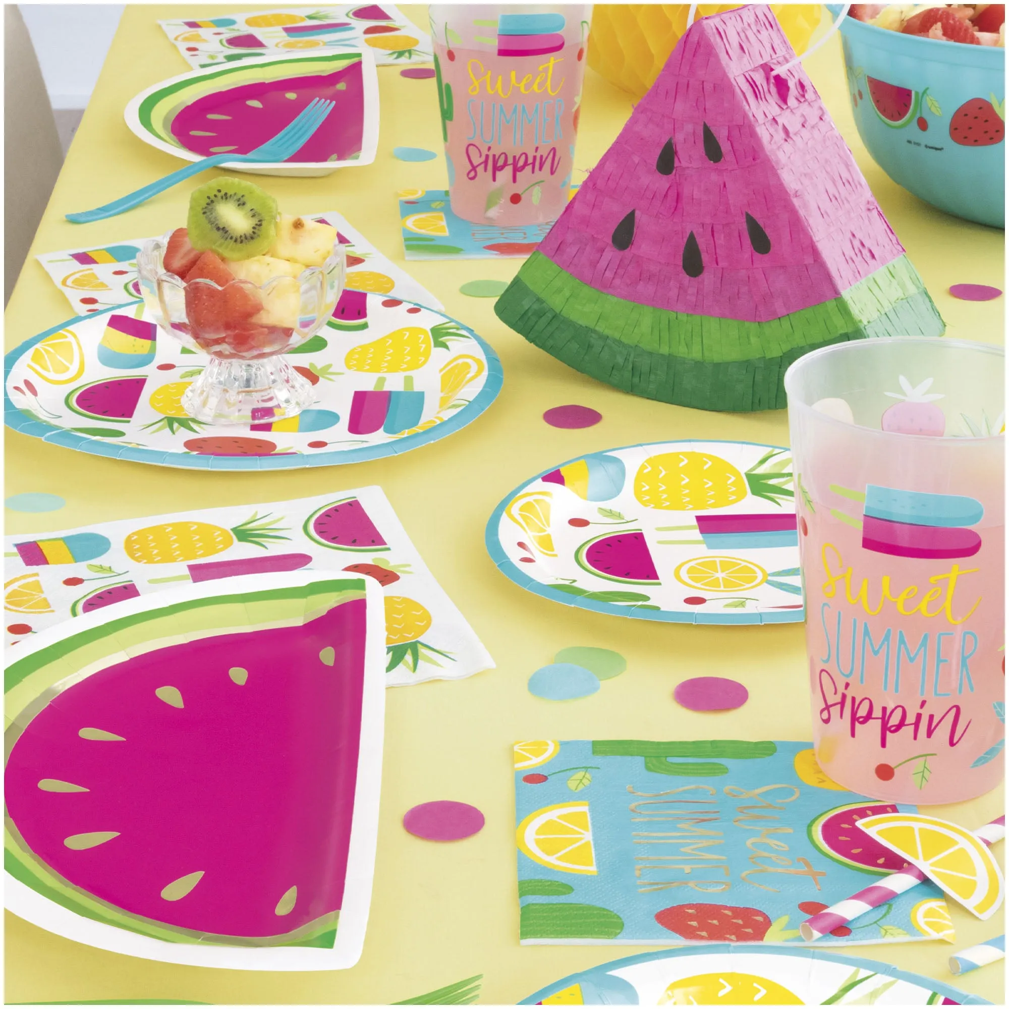 Sweet Summer Watermelon Party Melon Slice Paper Dessert Plates, Pineapple Shaped Paper Dessert Plates, and Lunch Napkins (16 Total Plates & Napkins)