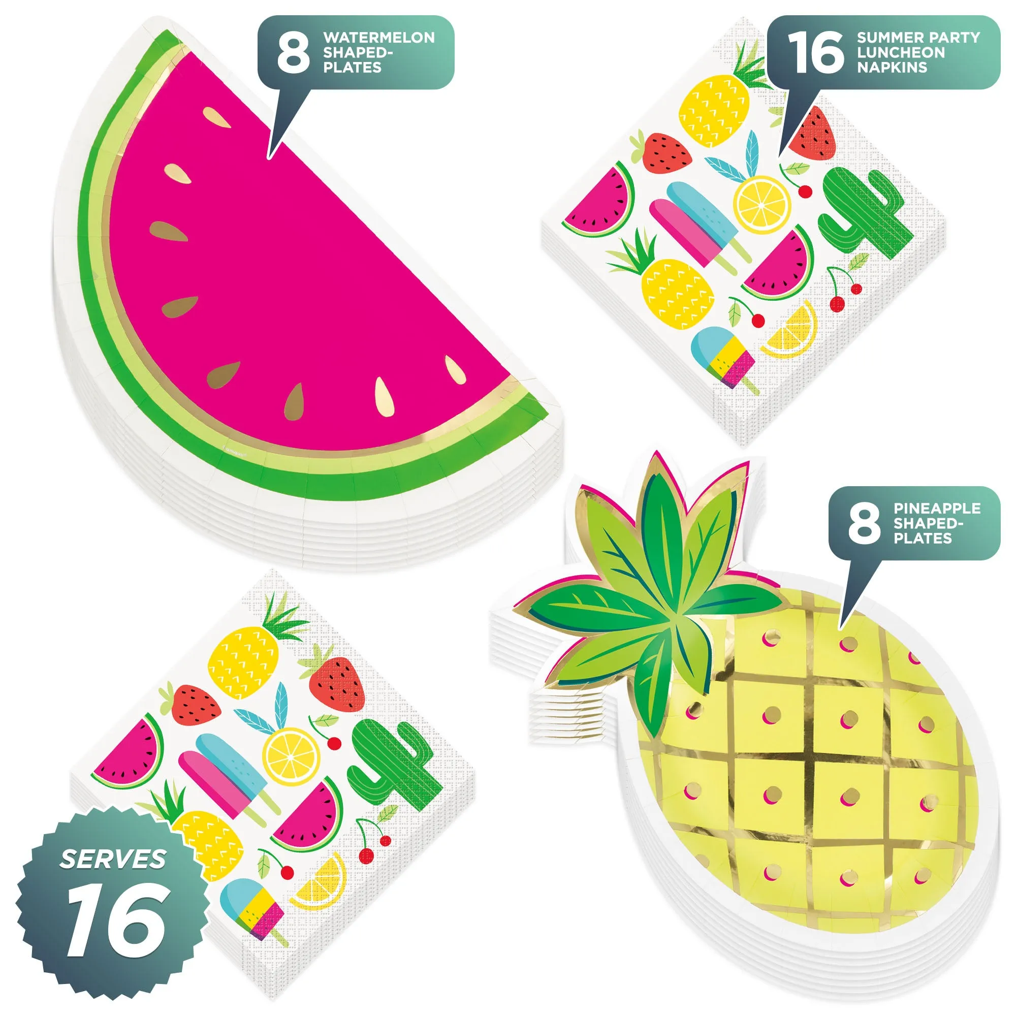 Sweet Summer Watermelon Party Melon Slice Paper Dessert Plates, Pineapple Shaped Paper Dessert Plates, and Lunch Napkins (16 Total Plates & Napkins)