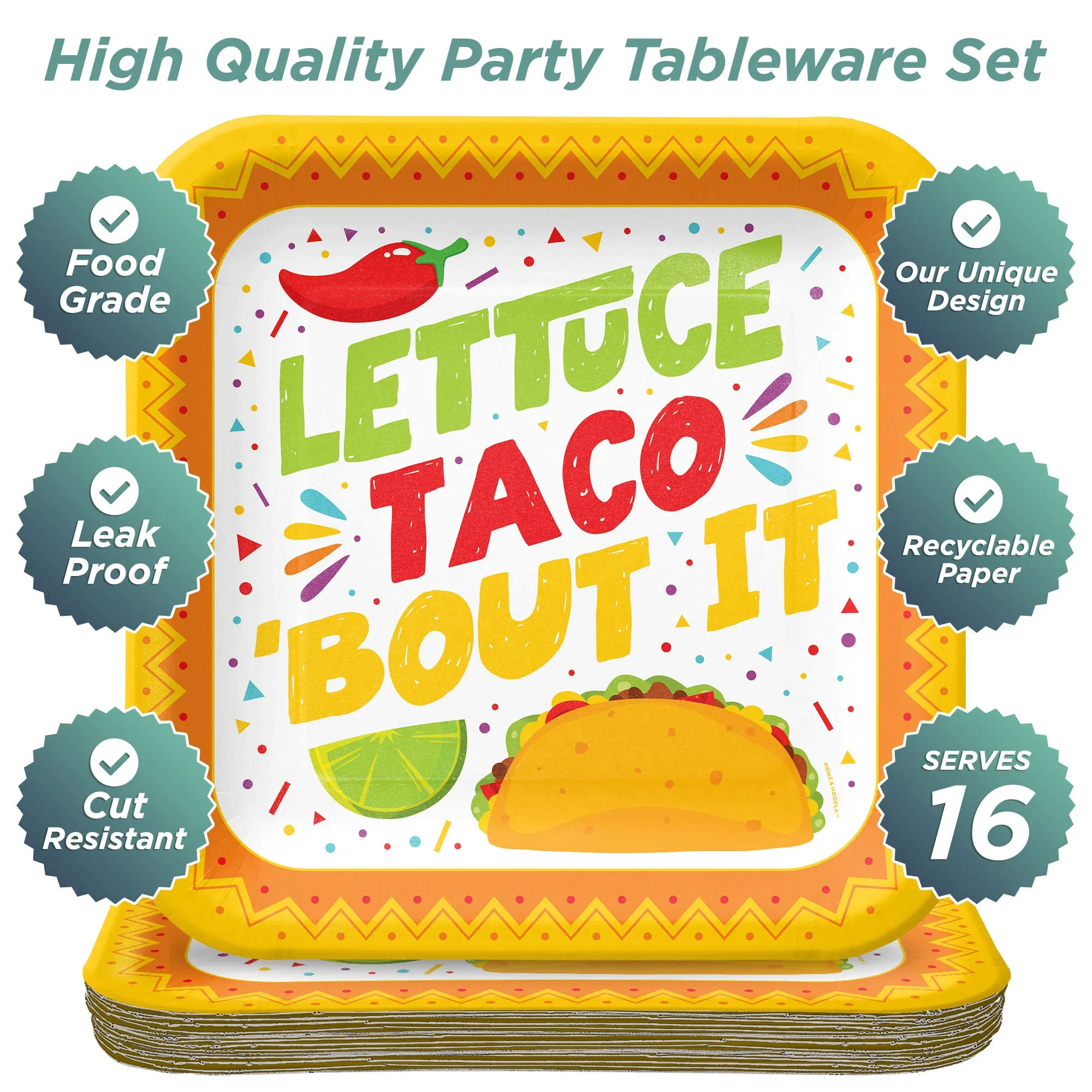 Taco Party Supplies - Lettuce Taco 'Bout It Square Paper Dinner Plates for 16 Guests