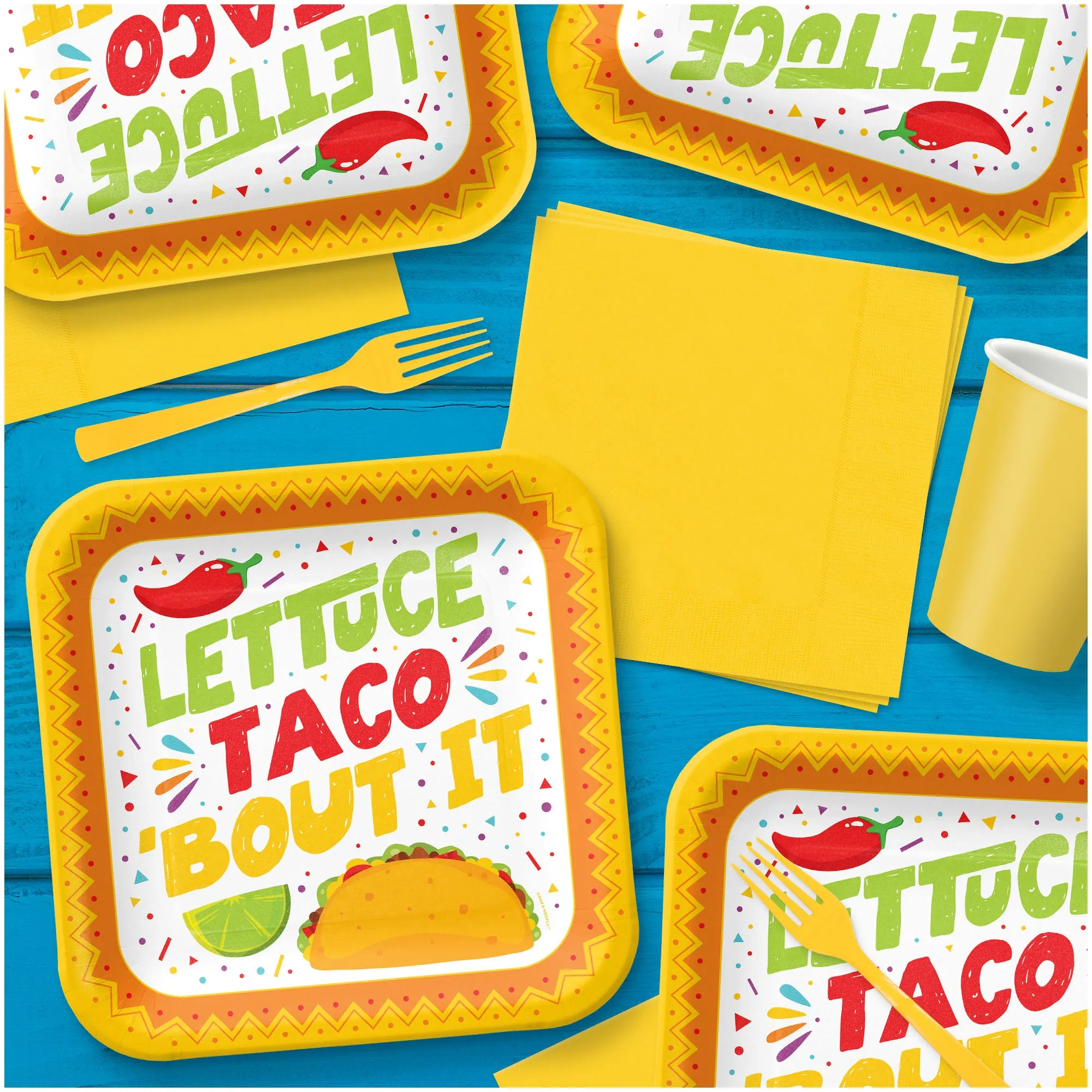 Taco Party Supplies - Lettuce Taco 'Bout It Square Paper Dinner Plates for 16 Guests