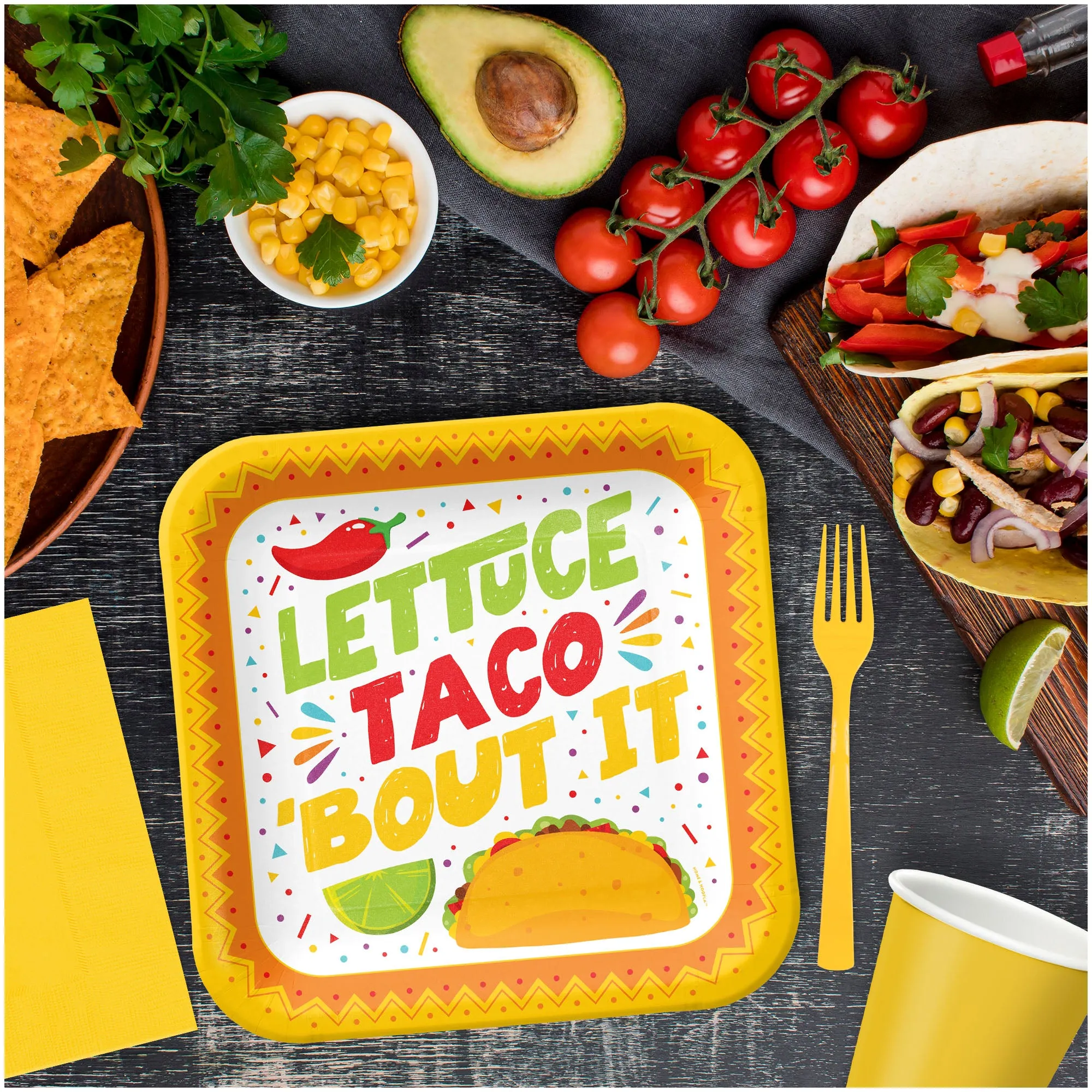 Taco Party Supplies - Lettuce Taco 'Bout It Square Paper Dinner Plates for 16 Guests