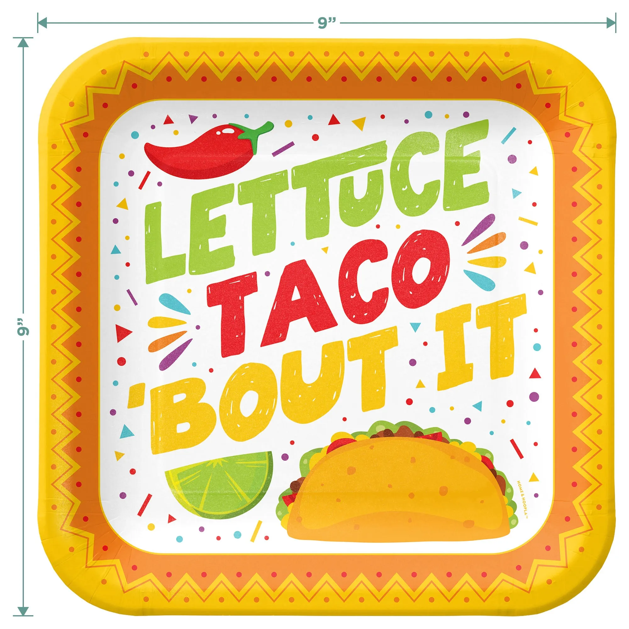 Taco Party Supplies - Lettuce Taco 'Bout It Square Paper Dinner Plates for 16 Guests