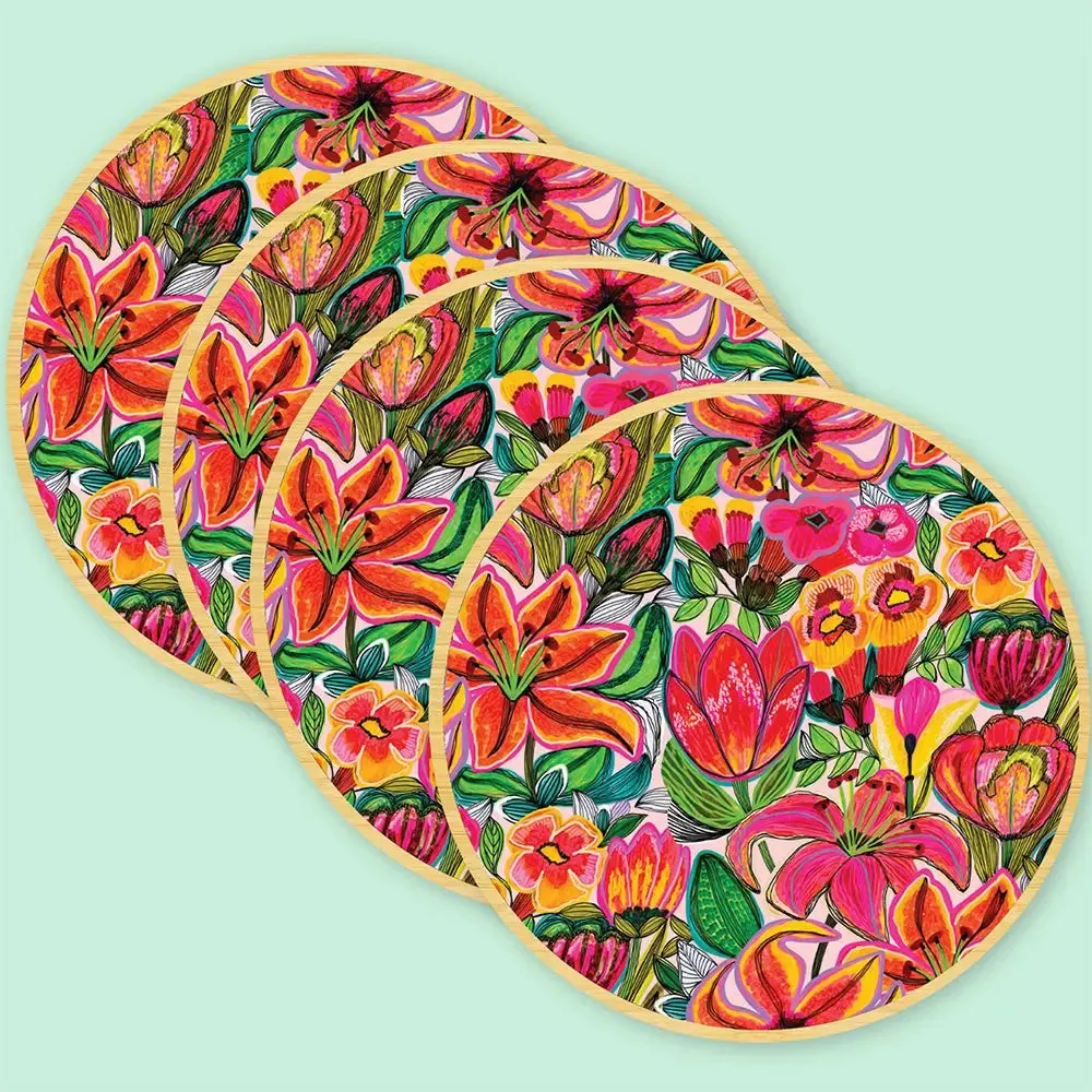 Tigerlily & Tulip Flowers Wooden Coaster Set