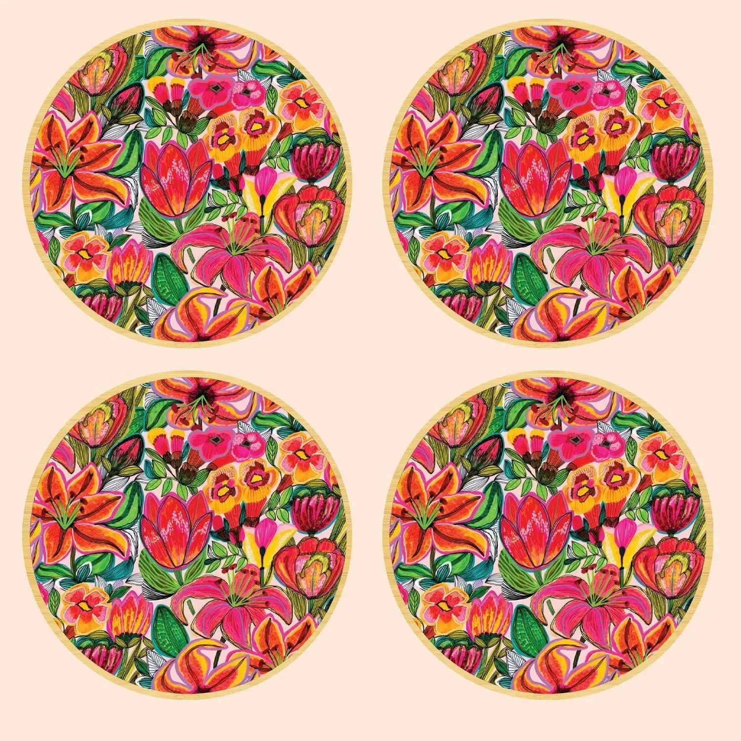 Tigerlily & Tulip Flowers Wooden Coaster Set