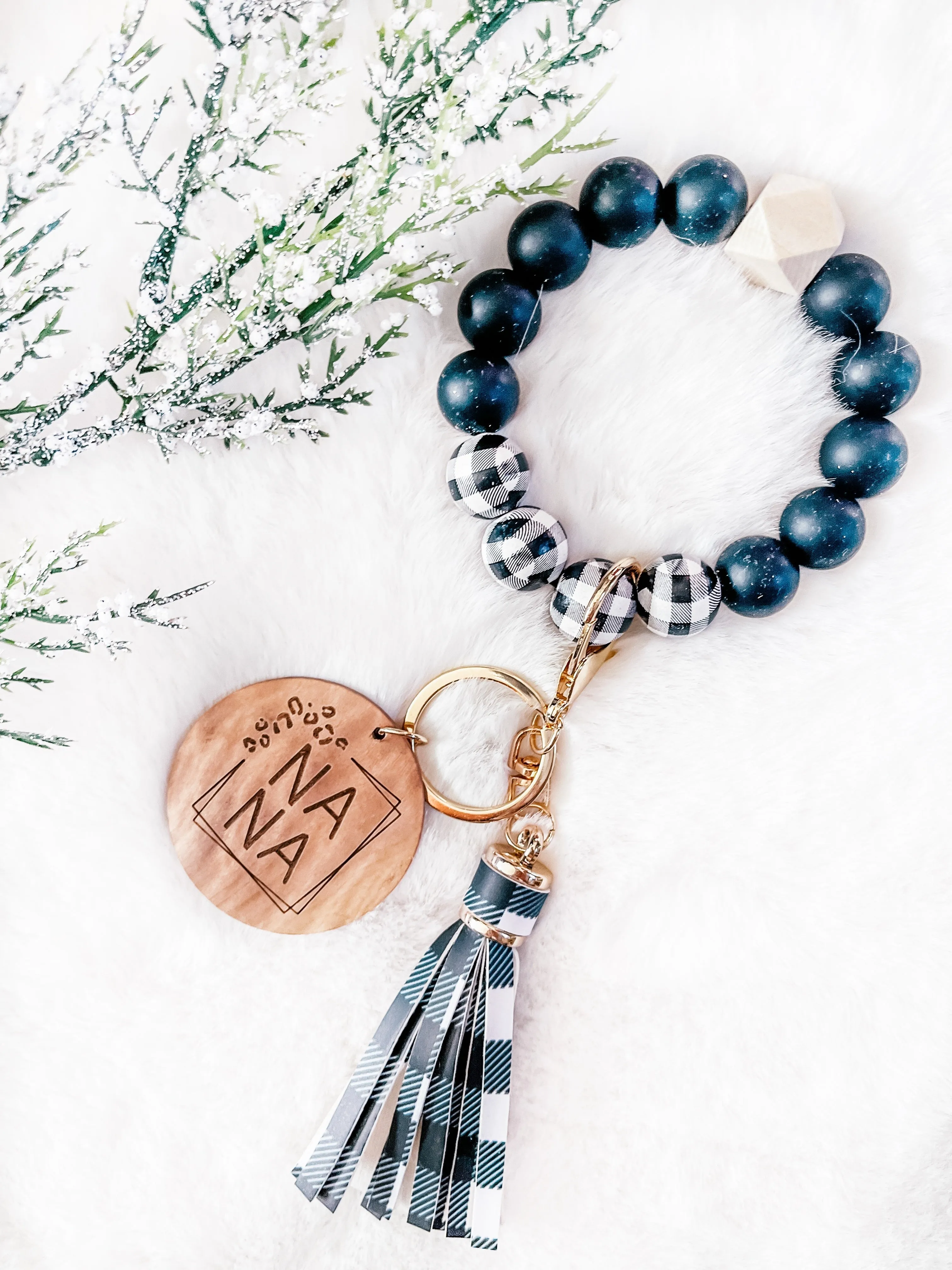 Trending Black Plaid & Solid Black Bracelet Key Chain - Mama - Nana - Grandma