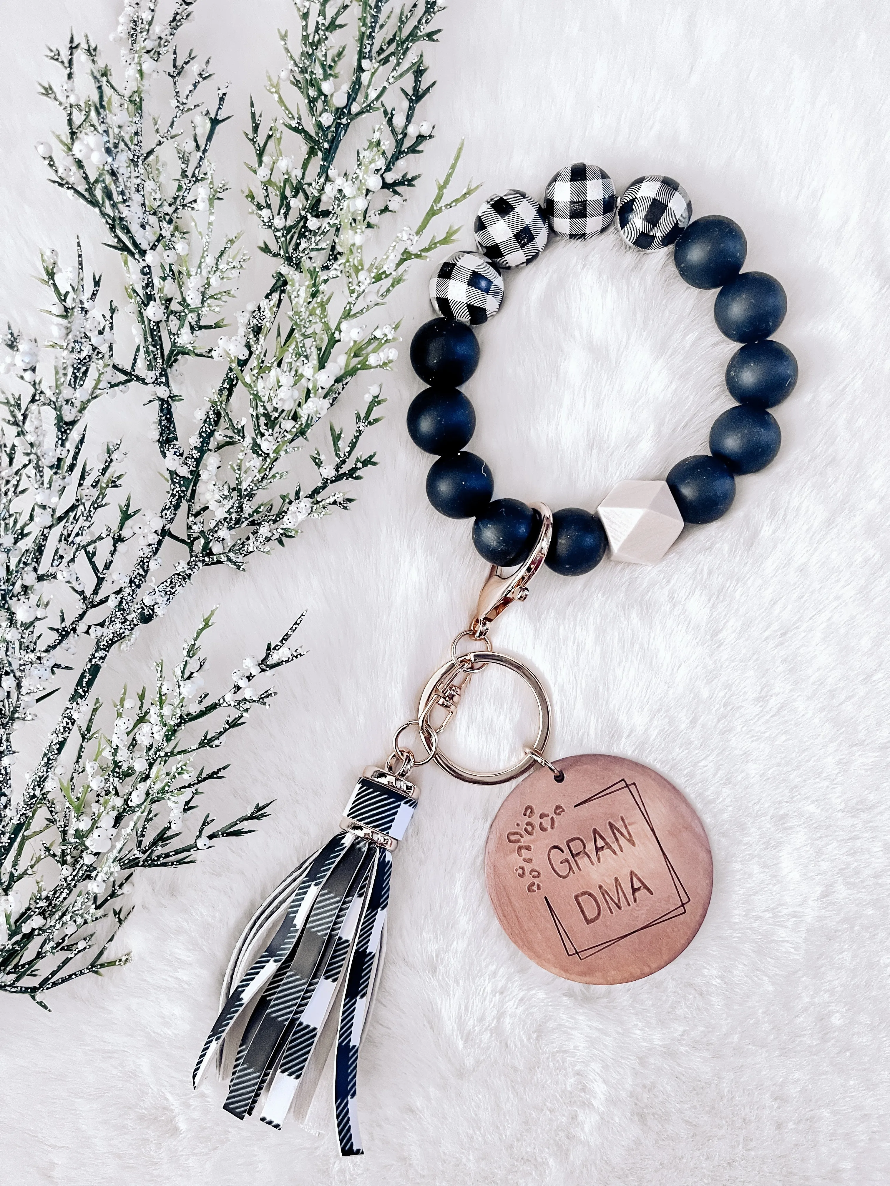 Trending Black Plaid & Solid Black Bracelet Key Chain - Mama - Nana - Grandma