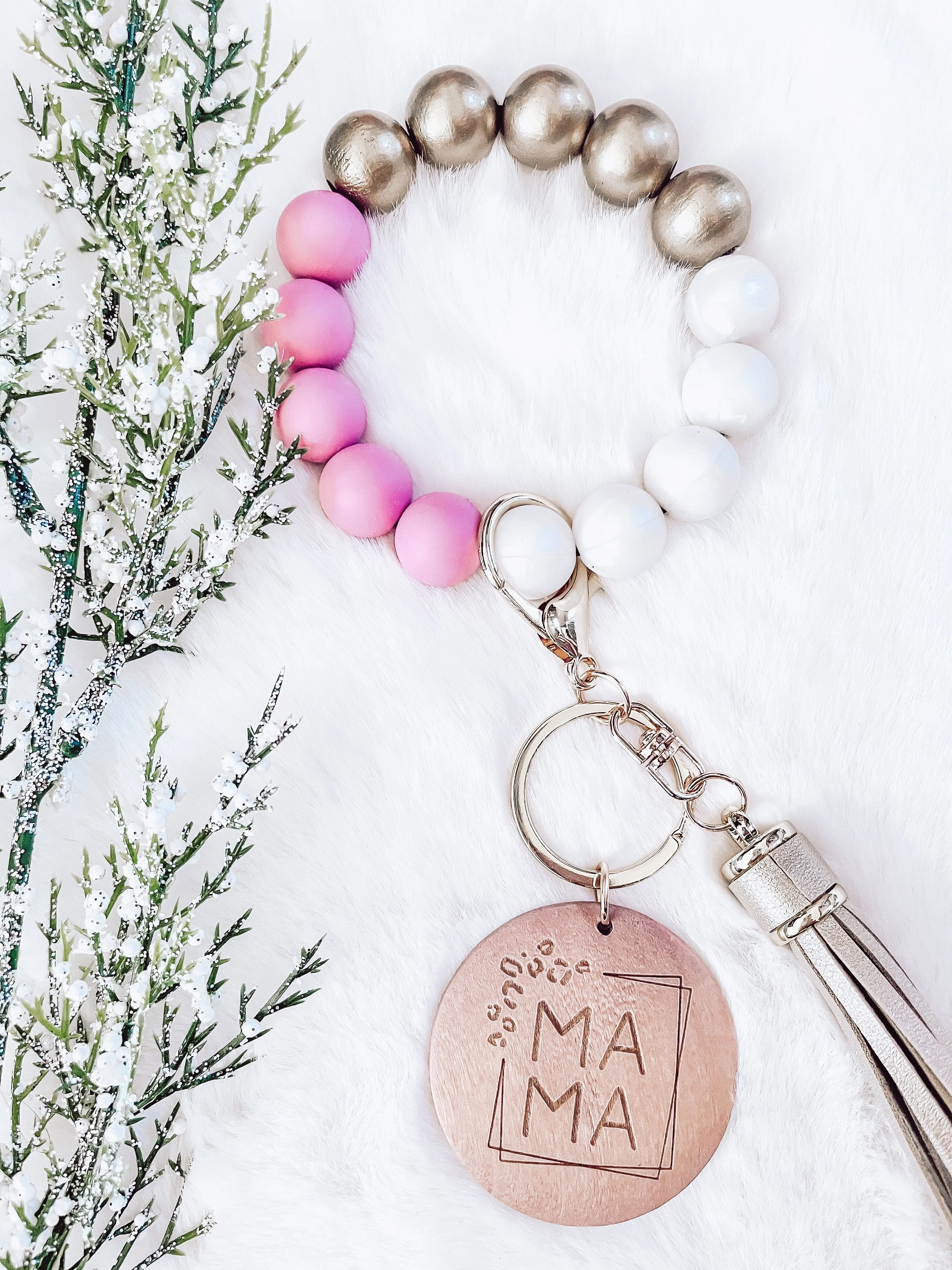 Trending Bright Pink & Ivory Bracelet Key Chain - Mama - Girl Mom - Teacher