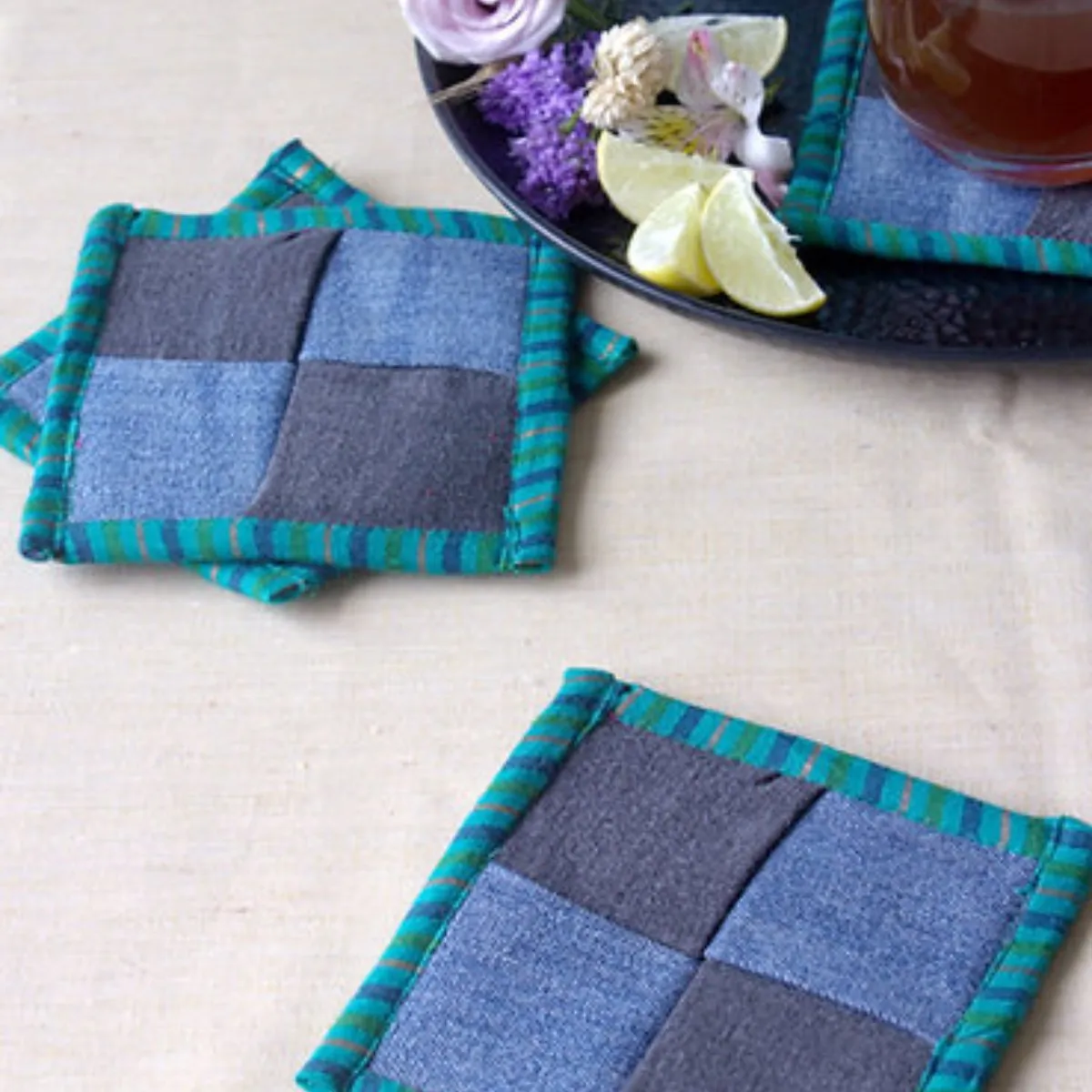 Upcycled Denim Coaster Set (x4)- Blue Green Piping