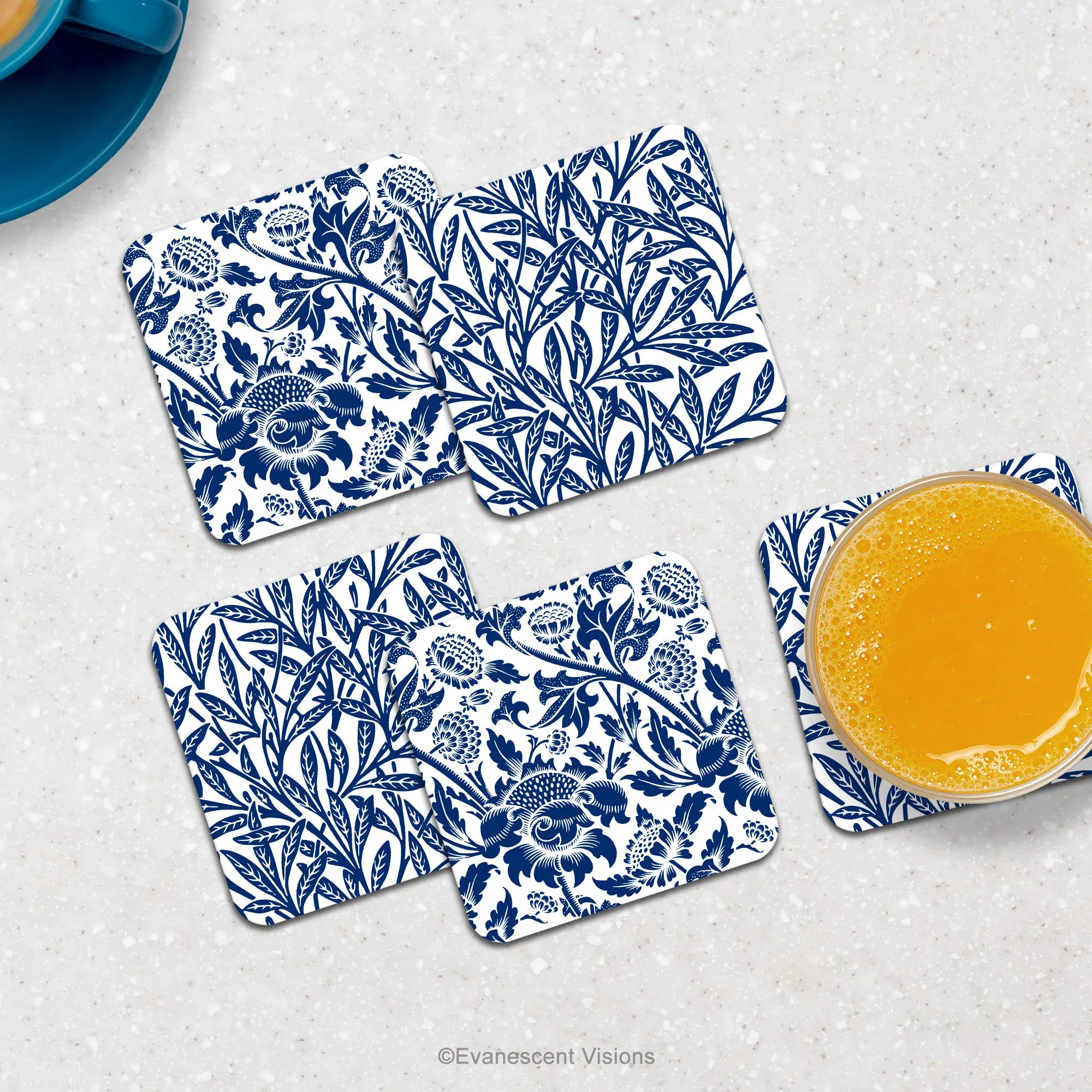 Vintage Style Blue and White Botanical Coaster Set