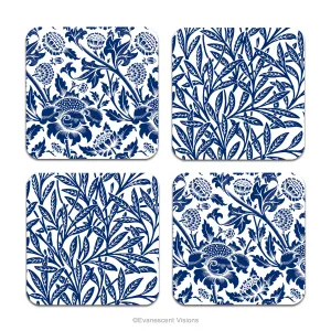 Vintage Style Blue and White Botanical Coaster Set