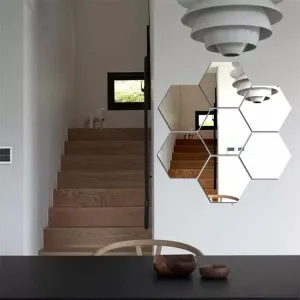 WallDaddy - 7 Hexagon Mirror Wall Sticker | 3D Acrylic Mirror Stickers for Wall | Size- (12.1x10.5) Cm | Decorative Mirror Sticker for Living Room | Bedroom | Bathroom | Kitchen Etc. (Silver)