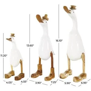 White Bamboo Wood Duck Sculpture with Brown Top Hats and Shoes