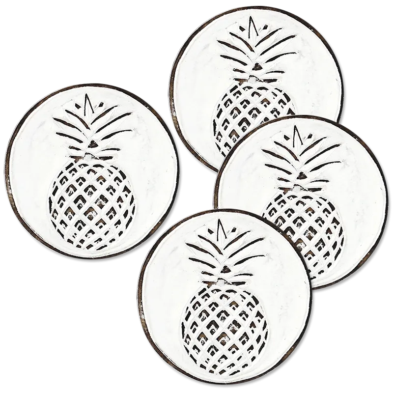 Whitewash Pineapple Wooden Coaster, Set of 4