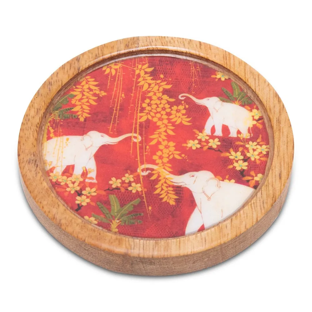 Wooden Round Coasters with Elephant Print Design Set of 2